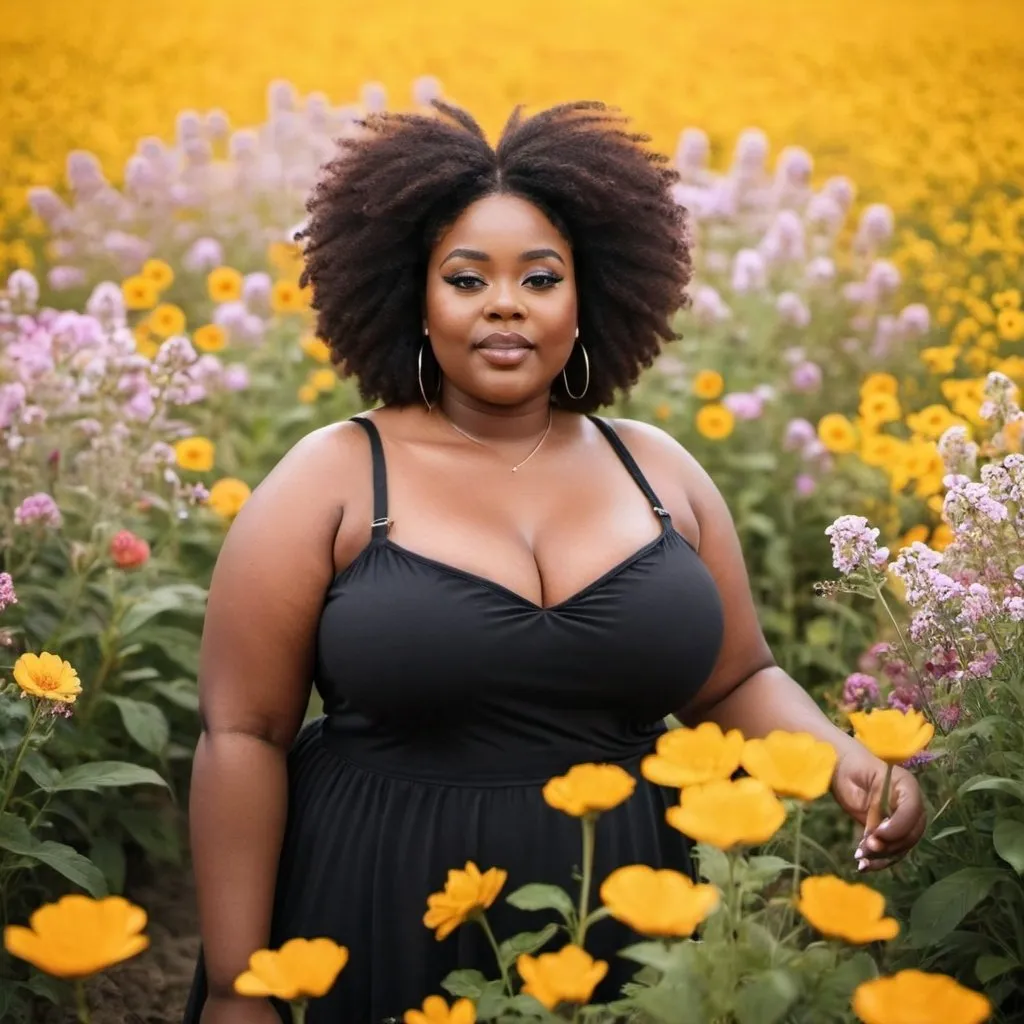 Prompt: Plus size black woman in a flower field