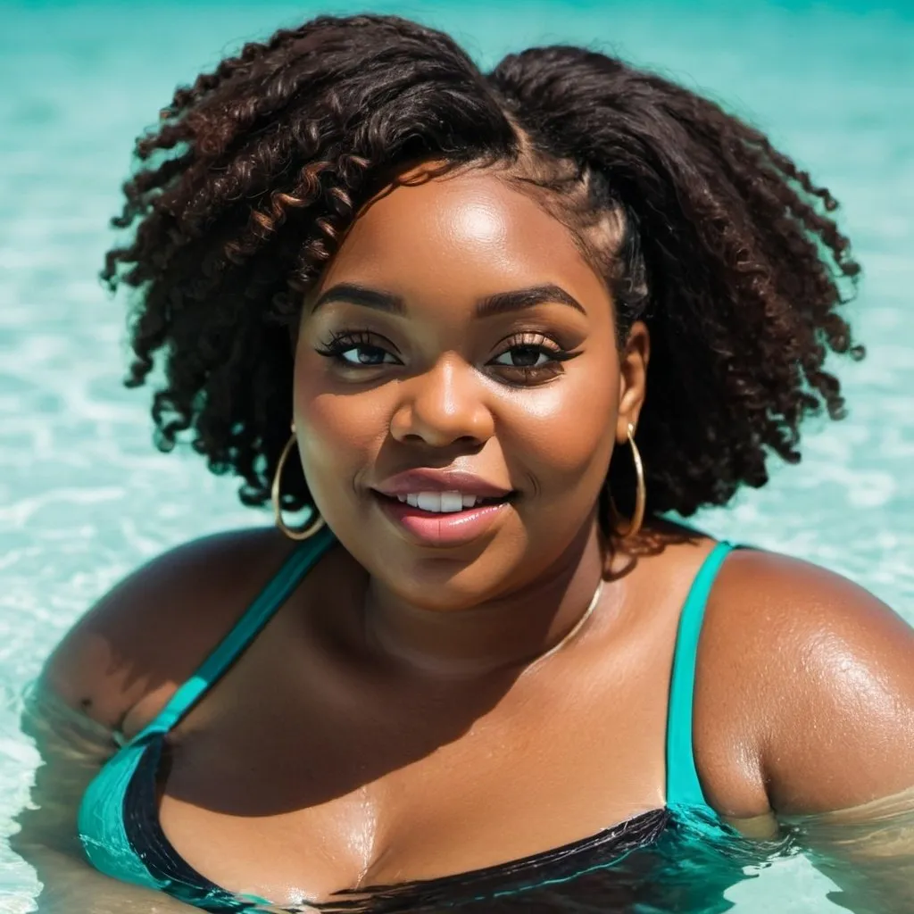 Prompt: Plus size black woman swimming in tropical water