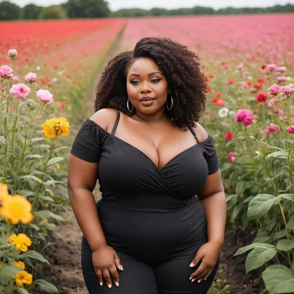 Prompt: Plus size black women in a flower field