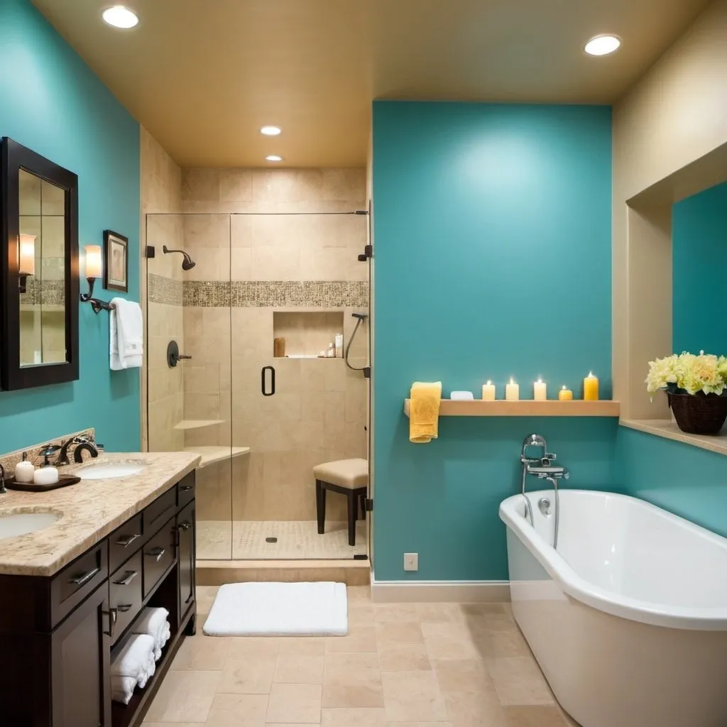 Prompt: Spa bathroom with a deep jetted tub and walk in shower in a bright color