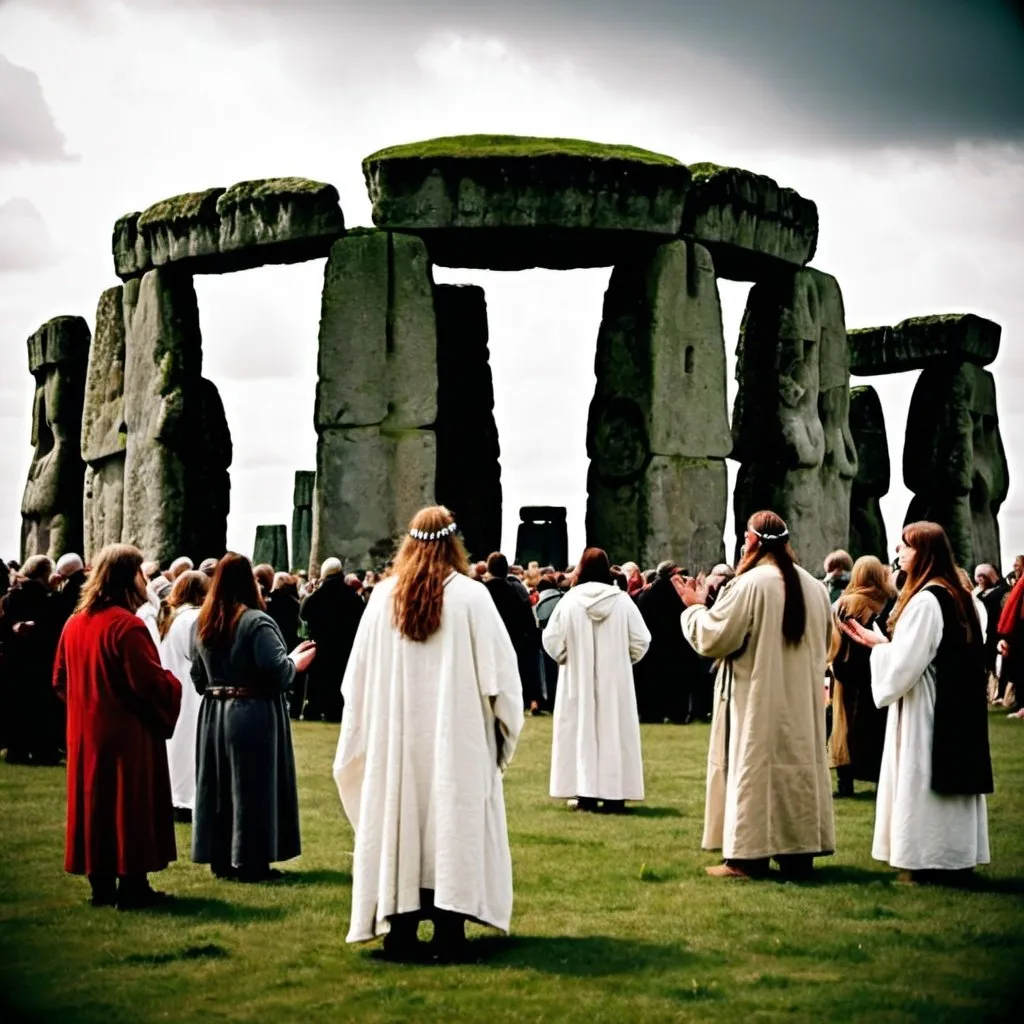 Prompt:  12 Pagans worshiping at stonehenge