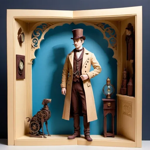 Prompt: victorian steampunk man standing gradient background, beige walls blue square, silhouette,straight lines, flat