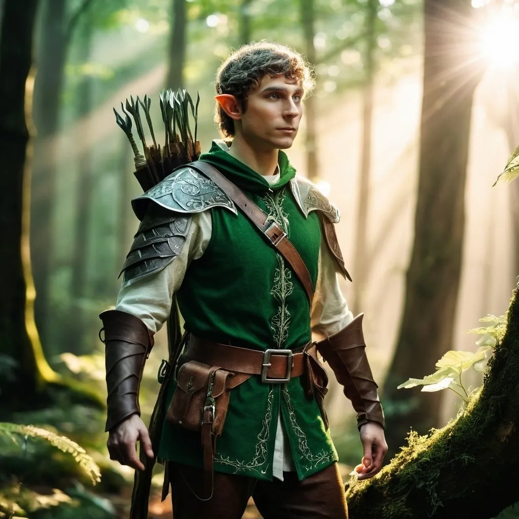 Prompt: male Elf ranger in a mystical forest around sunlight