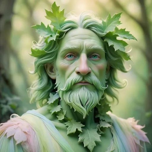 Prompt: Dreamy pastel portrait, the green man, ethereal atmosphere, soft focus