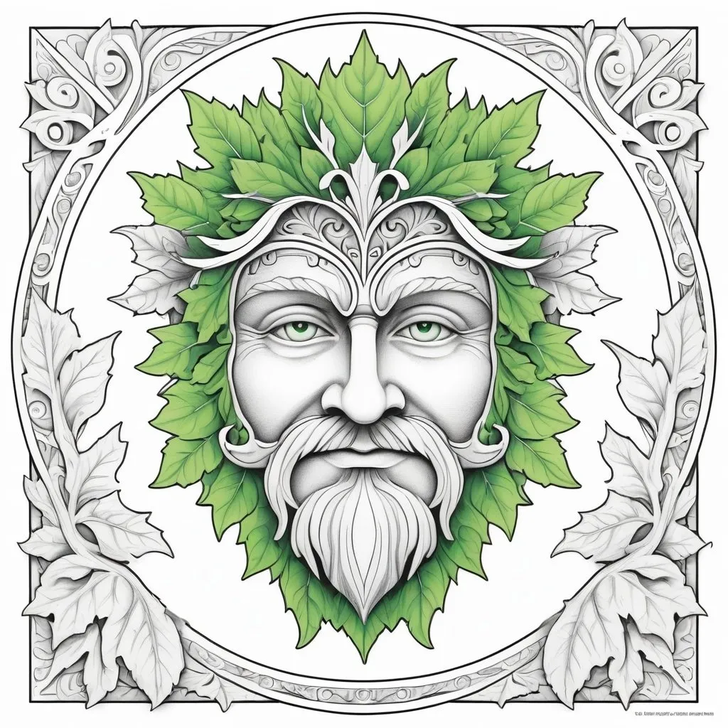 Prompt: B&W coloring book page, the green man, line art, solid white background