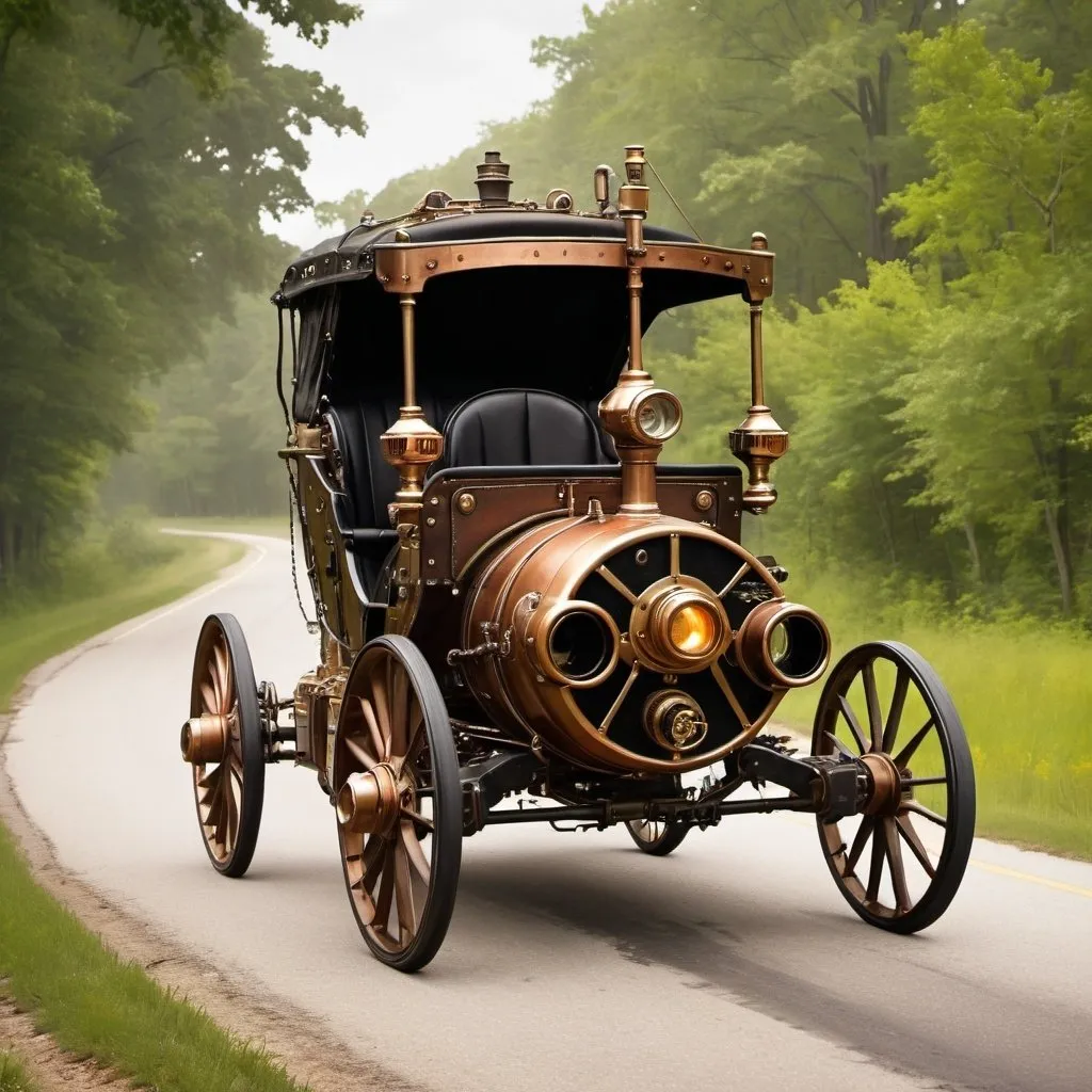 Prompt: steampunk horseless carriage on a country road
