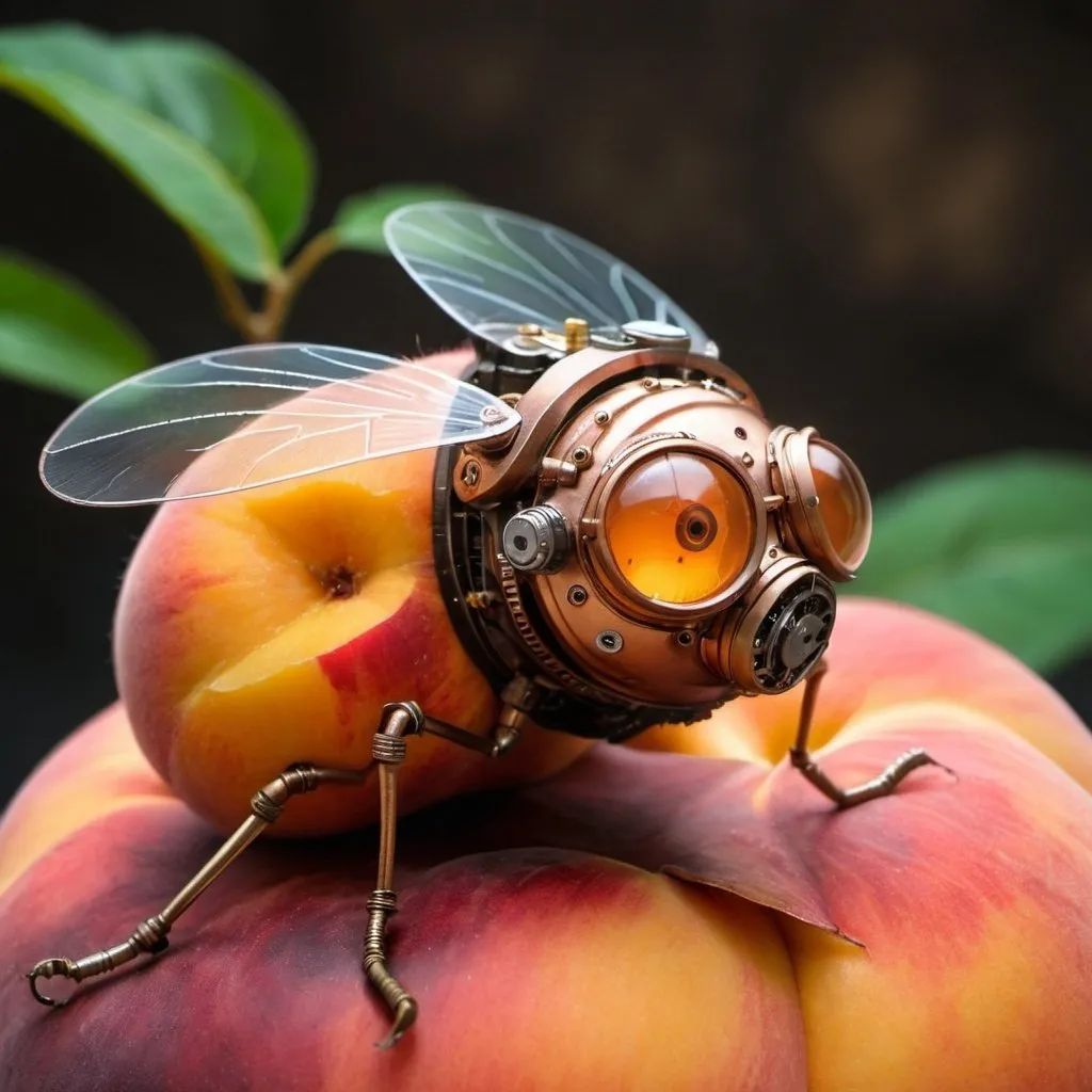 Prompt: a steampunk fruitfly sitting on a peach