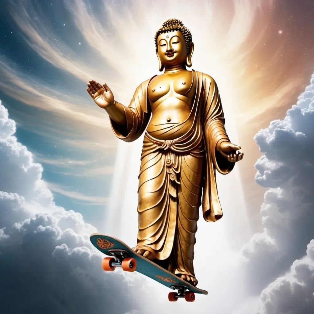 Prompt: create an image of standing buddha riding a skatebord through the heavens