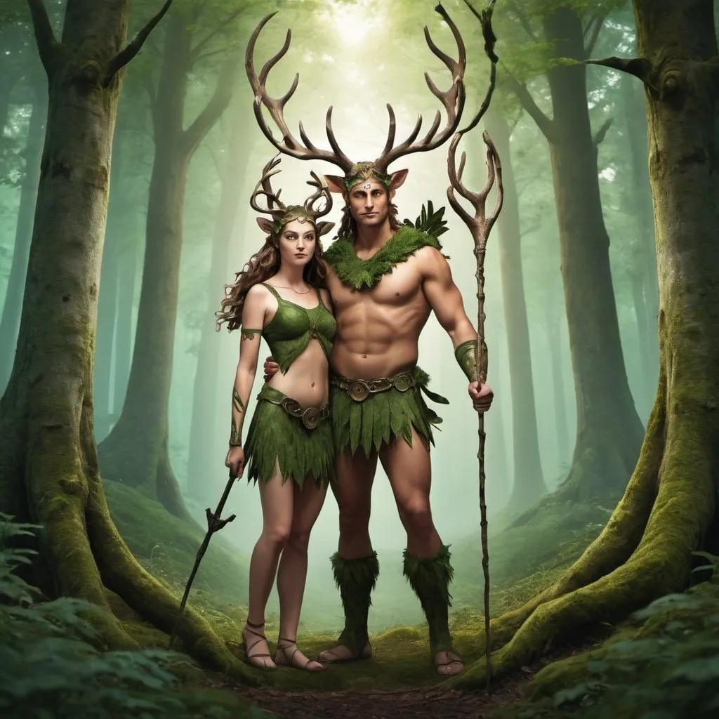 Prompt: create an image of artemis and cernunnos in a forest