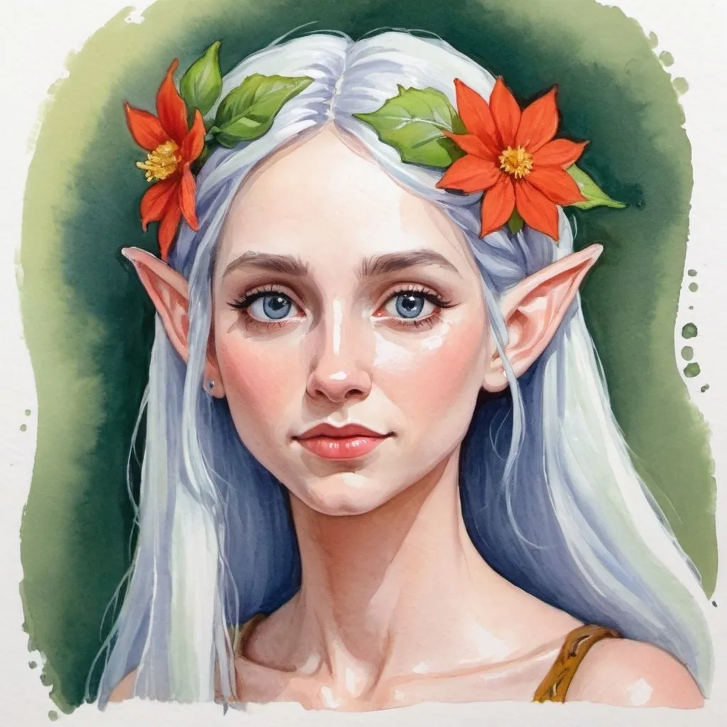 Prompt: female elf with a flower in her hair, gouache watercolor