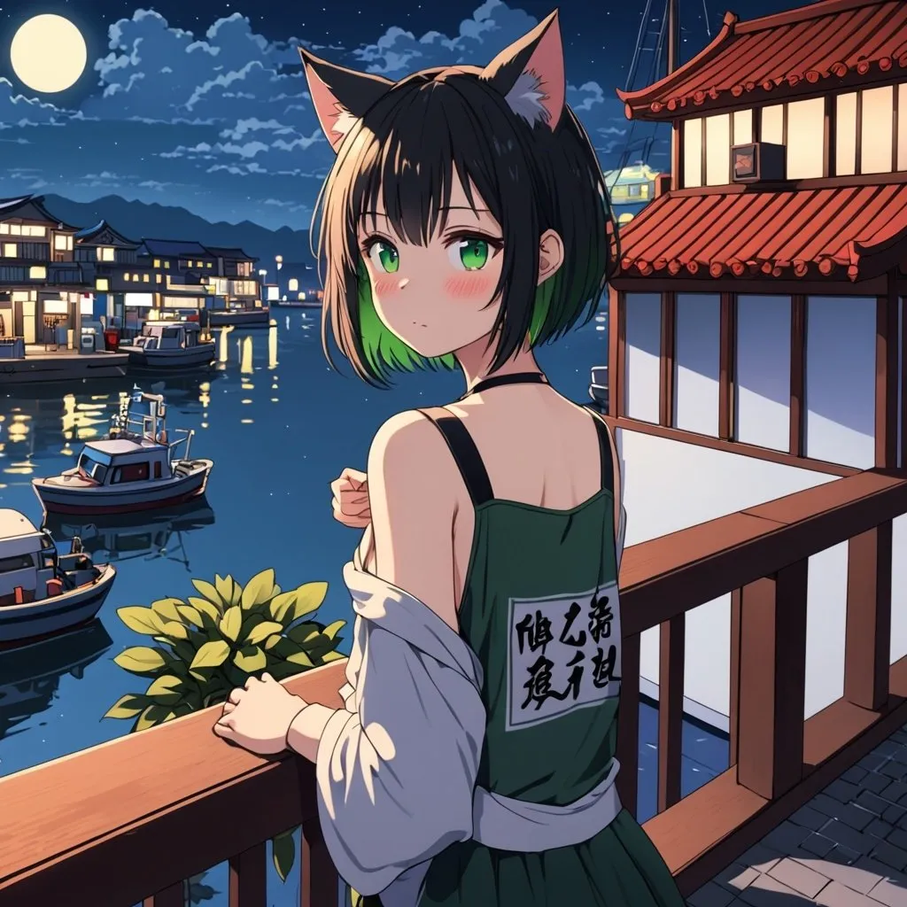 Prompt: anime, girl, half green and half black short hair, detailed, blushing, cat ears, very detailed, liyue harbor, night time