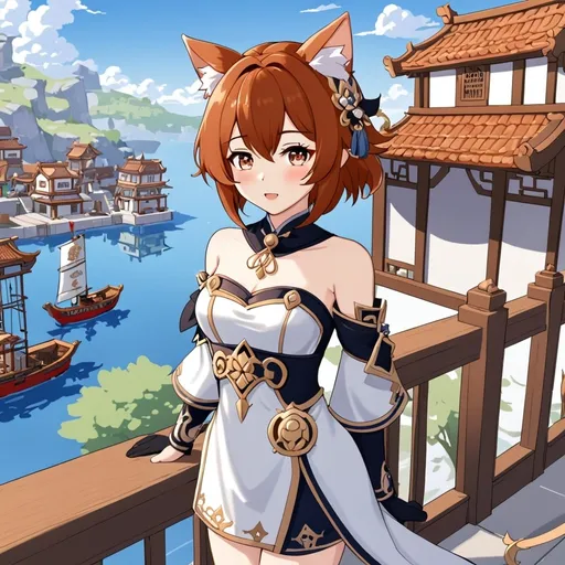 Prompt: anime, girl, keqin, genshin impact, detailed, blushing, cat ears, very detailed, liyue harbor