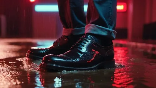 Prompt: cinematic, close up, of a mans shoes as he is about to land in a puddle after jumping. The floor is wet after the rain, in the water we see a red neon light reflecting from the background. Shot on 70mm lens
