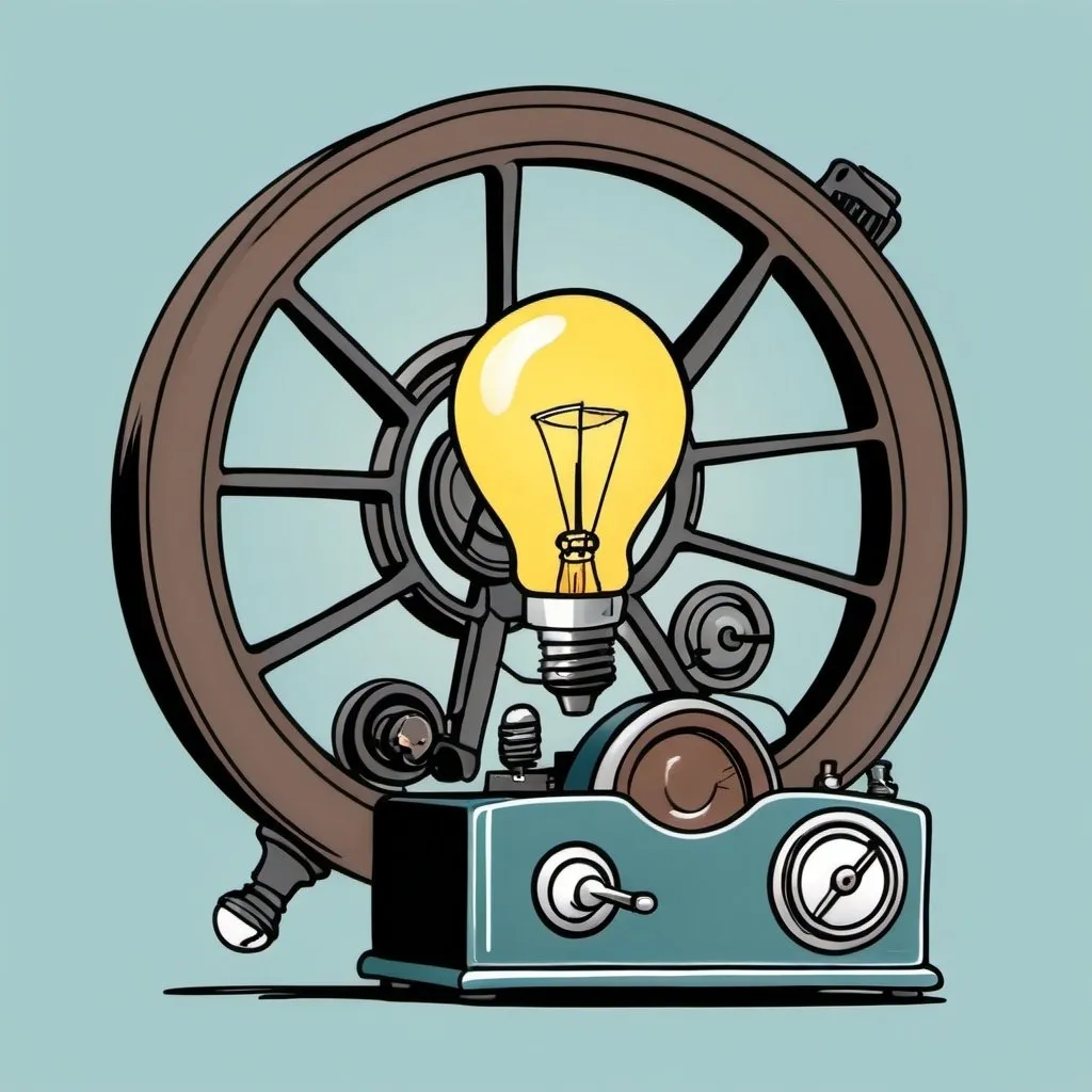 Prompt:  cartoon illustration, flywheel, lightbulb, radio