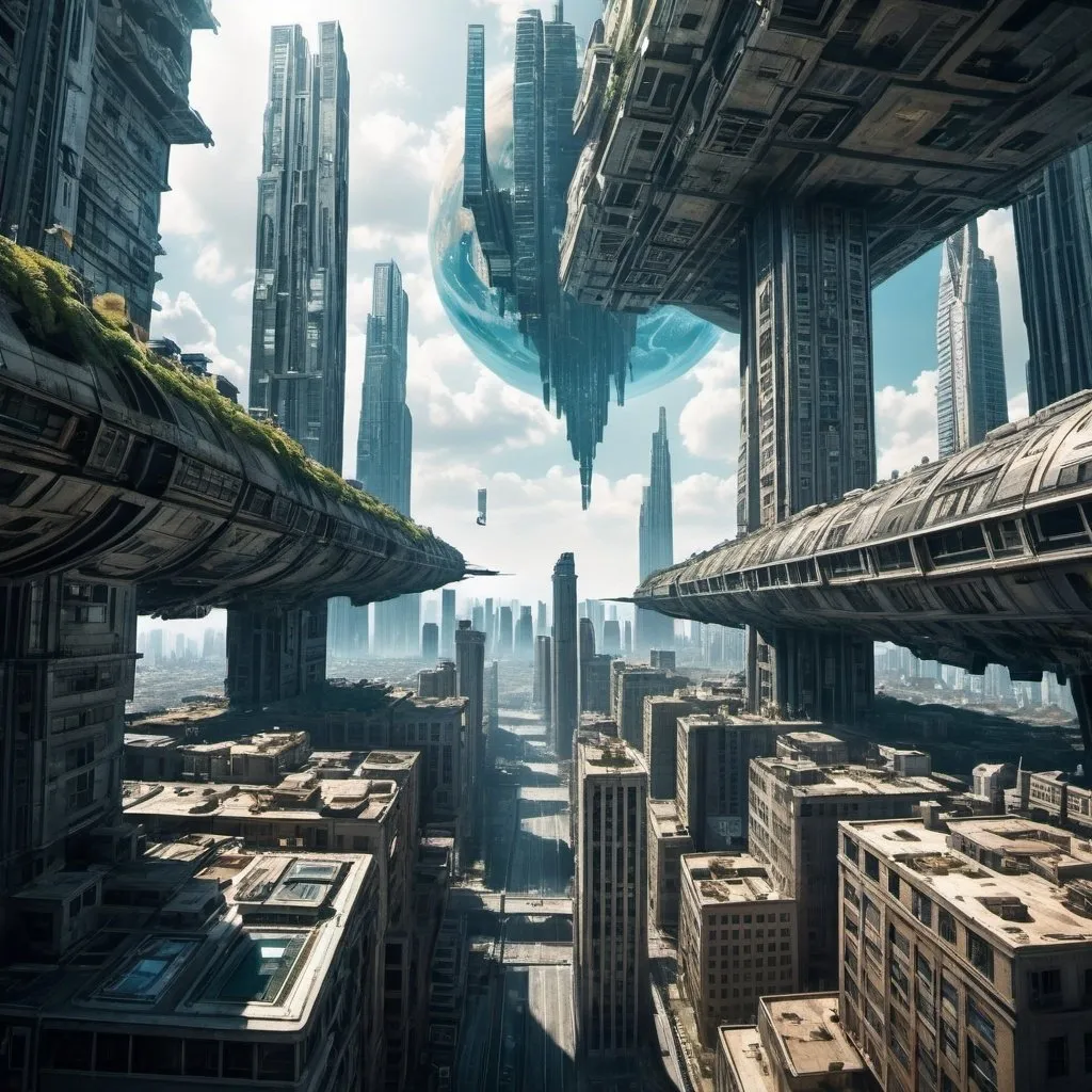 Prompt: a city above earth upside down in sci-fi, buildings are opposite direction to earth and defies gravity 