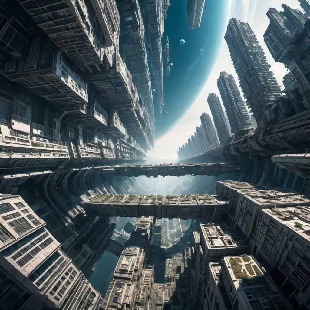 Prompt: a city above earth upside down in sci-fi 