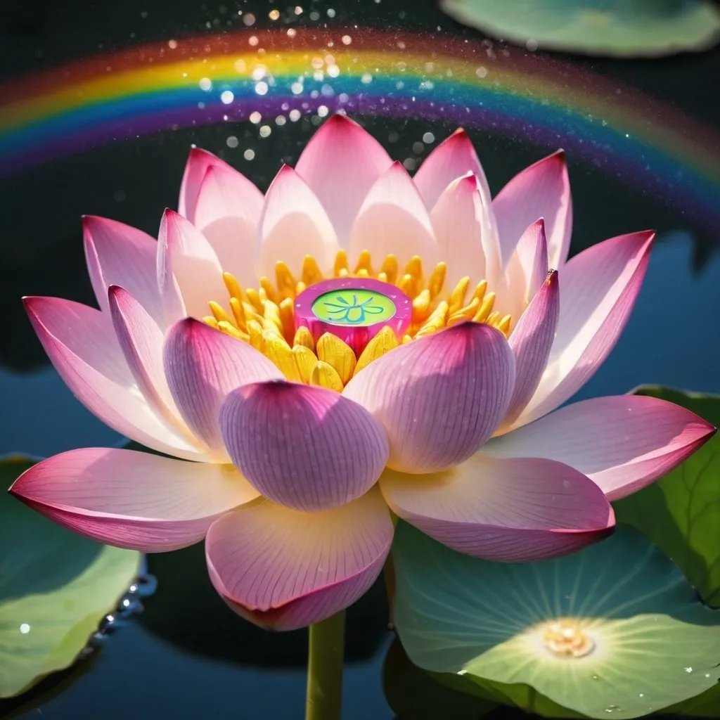 Prompt: Rainbows sparkle lotus flower