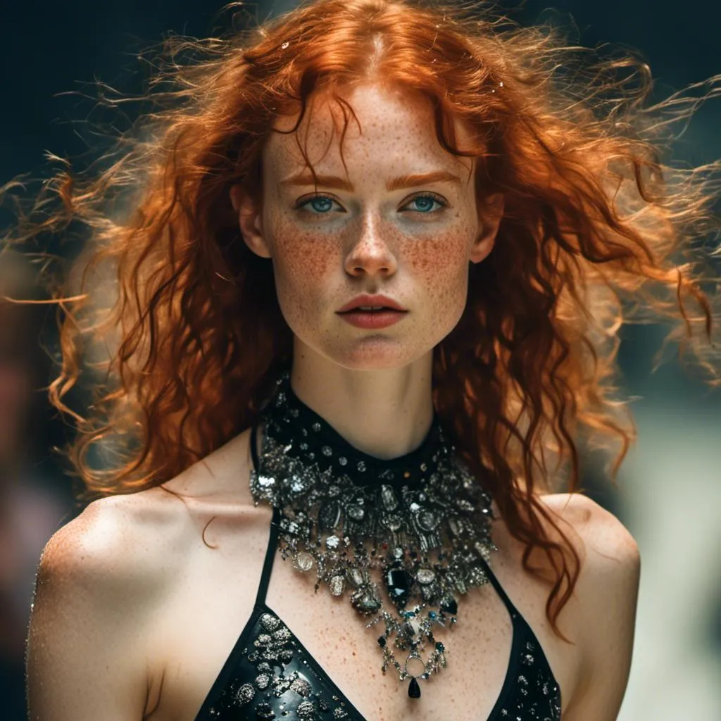 Prompt: A woman portrait in Midjourney <mymodel> style, ... Red headed,heavy freckles,curly hair wearing a black shiny swimsuit with stuffs and crystals walking down a fashion runway