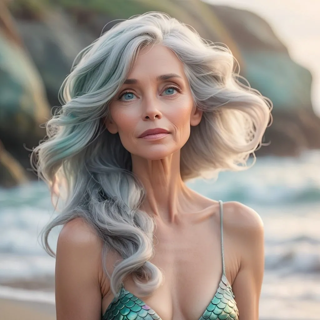 Prompt: Dreamy pastel portrait 48 year old model gray hair shoulder link cinematic luxury 8k fine tuned,  mermaid ocean atmosphere, soft focus gritty carefree