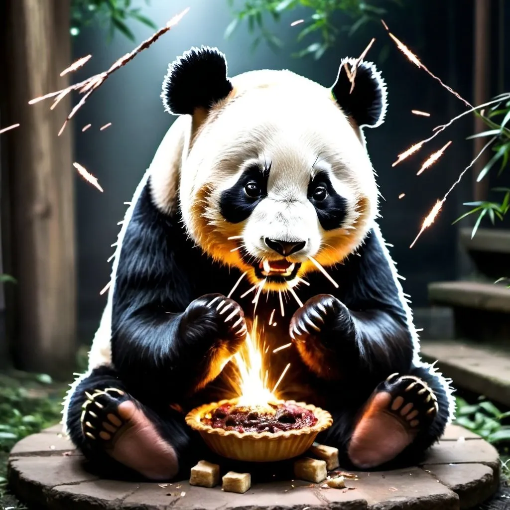 Prompt: an upset panda eating a pie playing with sparks, with a lot of sparks and panda being scared, MORE SPARKS AND PANDA MORE SCARED