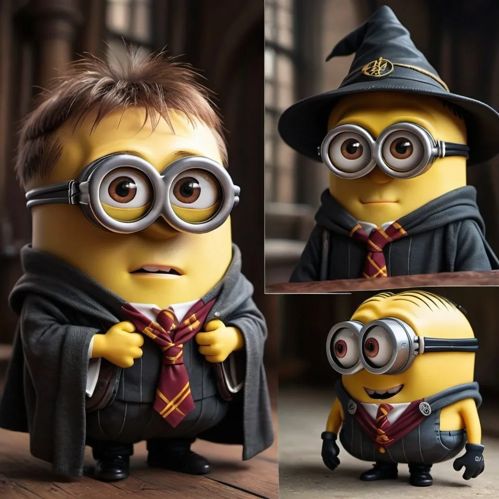 Prompt: Photorealistic Minions dressed like harry potter
