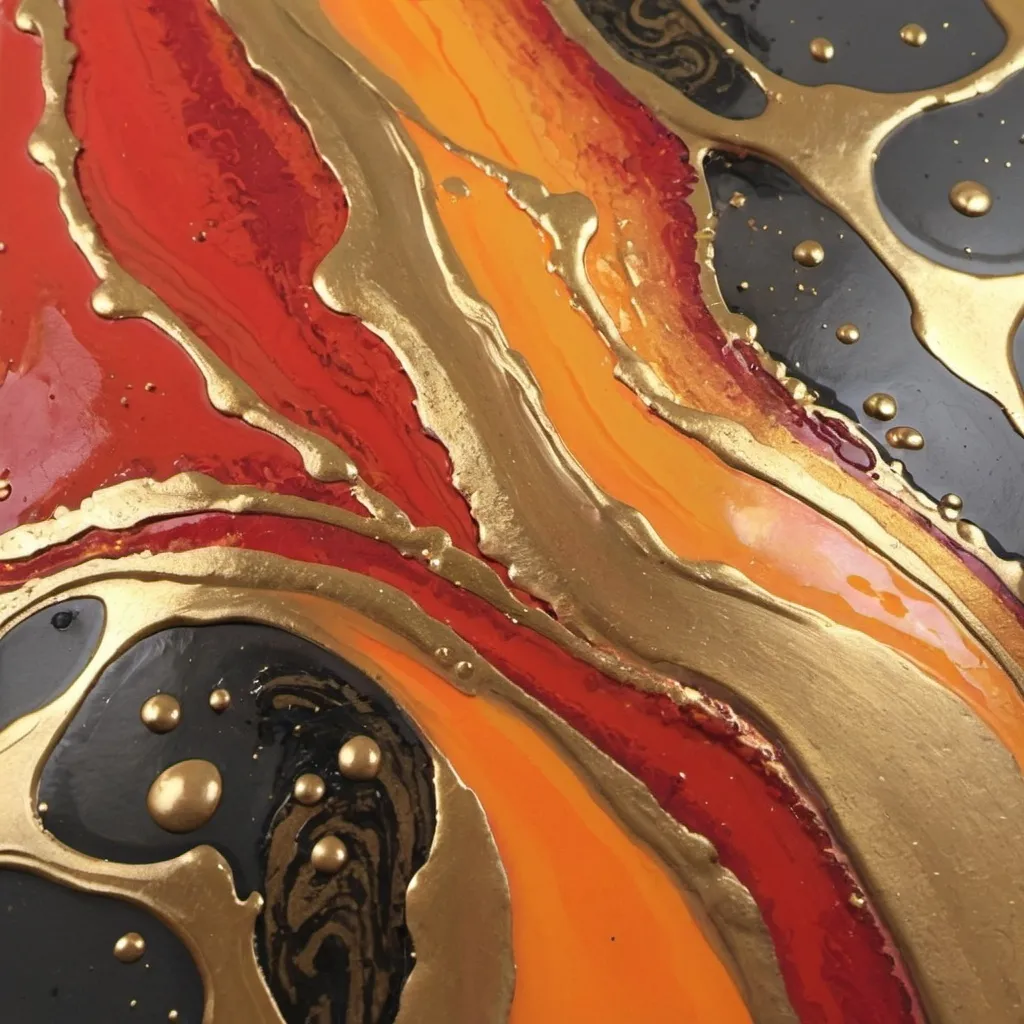 Prompt: Create an acrylic pour painting using gold, bronze, platinum, red and orange colours
