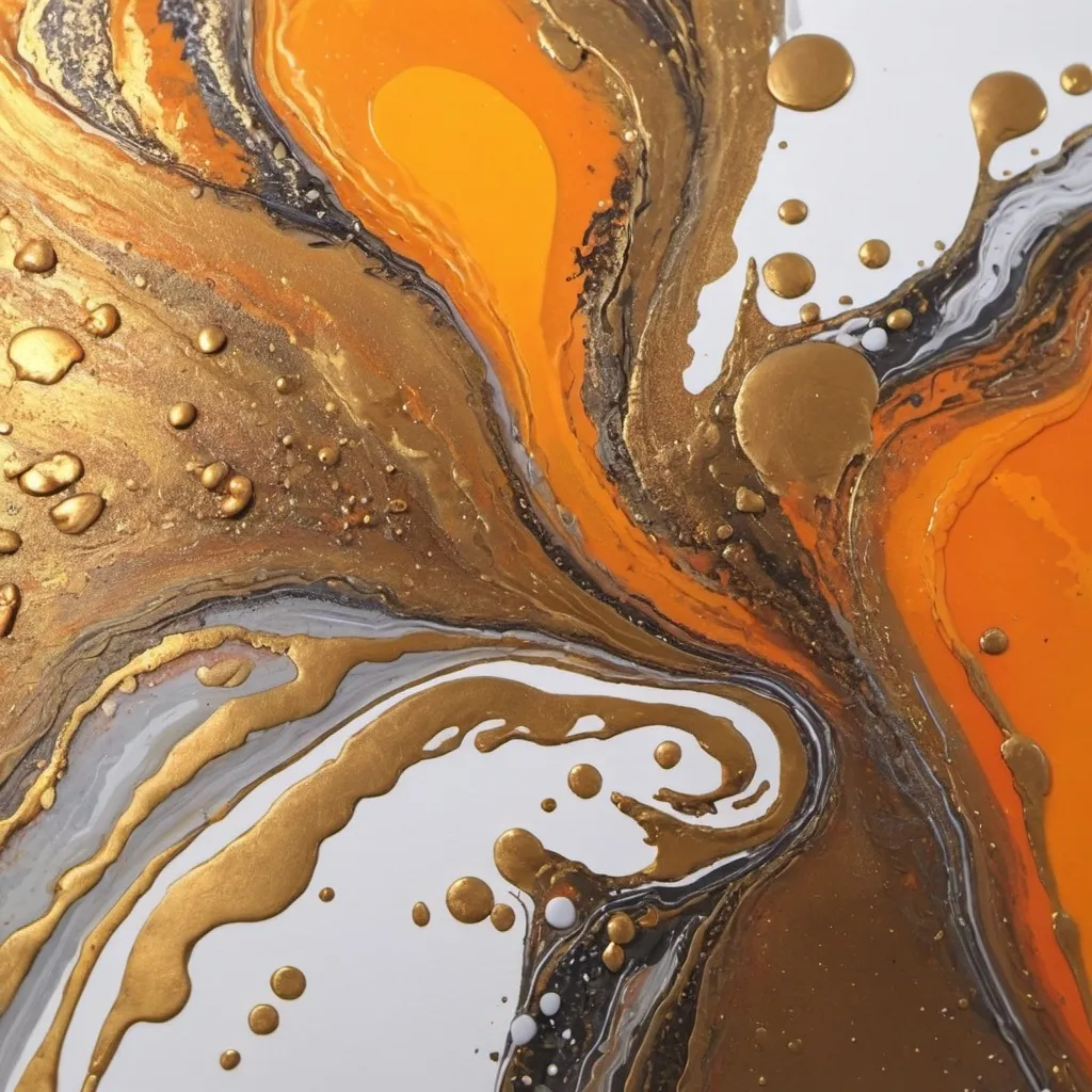 Prompt: Create an acrylic pour painting using gold, bronze, platinum and orange colours
