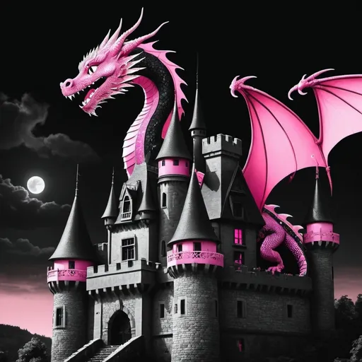 Prompt: dragon pailletté sur un chateau de princesse animé en noir et rose 