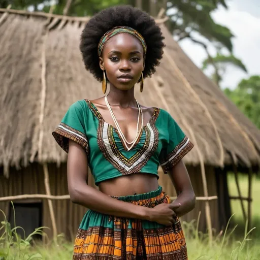 Prompt: slim African girl in african attire standing in front a hut  surrounding by tall trees and green grass