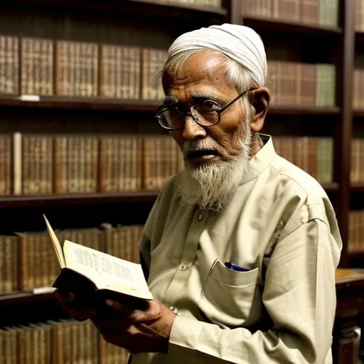 Prompt: a knowledgeable old bangladeshi librarian man in middle of a big library