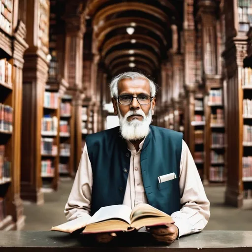 Prompt: a knowledgeable old bangladeshi librarian man in middle of a huge big library