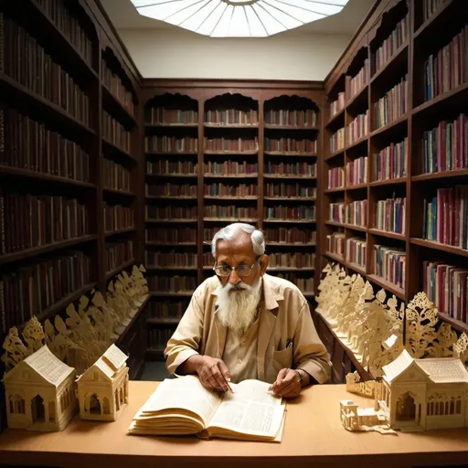 Prompt: a knowledgeable old bangladeshi librarian man in middle of a huge big library looking at what he is doing