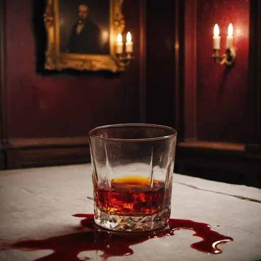 Prompt: a glass of old scotch in an old room on a table in a pool of blood
