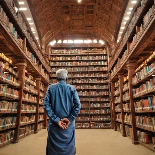 Prompt: a knowledgeable old bangladeshi librarian man in middle of a huge big library looking at what he is doing