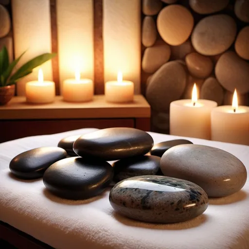 Prompt: Hot stone massage, realistic digital painting, smooth warm tones, serene spa setting, carefully arranged stones, soothing atmosphere, professional lighting, ultra-detailed, high quality, realistic, peaceful, smooth textures, relaxing ambiance