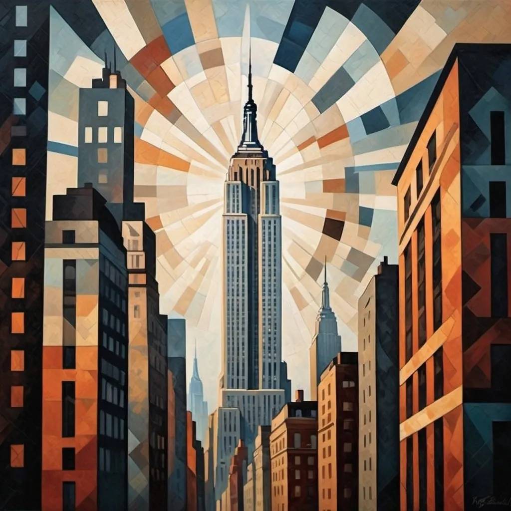 Prompt: Depiction of empire state building in a mixture of romanticism and cubism artistic styles

