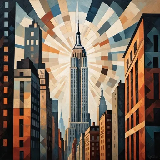 Prompt: Depiction of empire state building in a mixture of romanticism and cubism artistic styles

