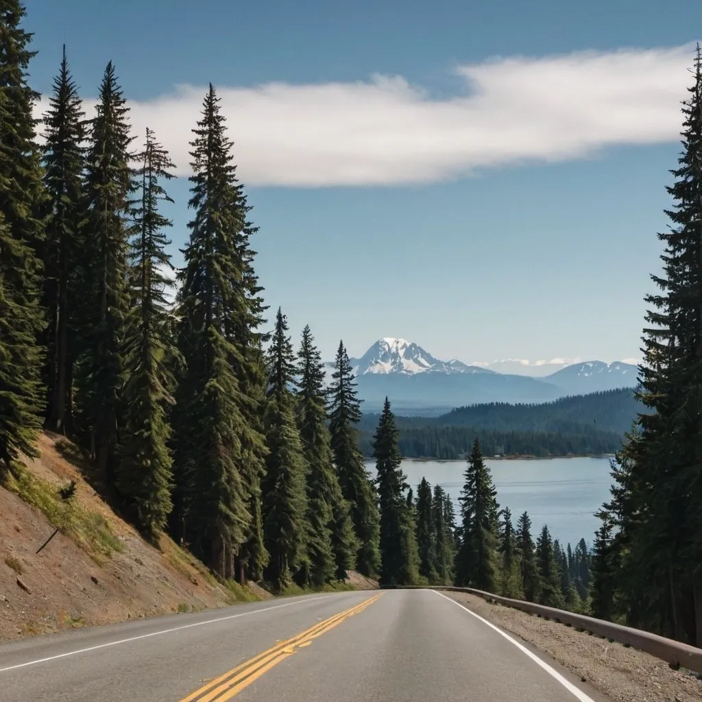 Prompt: washington state mountain road with pine trees and mountains and lake


