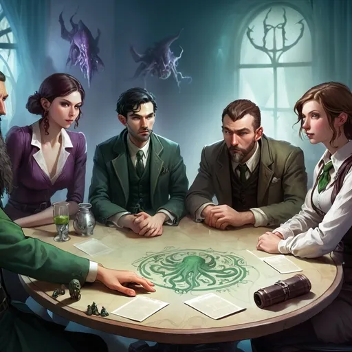 Prompt: Five people of different genres sitting on a tabletop roleplaying table. a mix between fantasy and call of cthulhu.