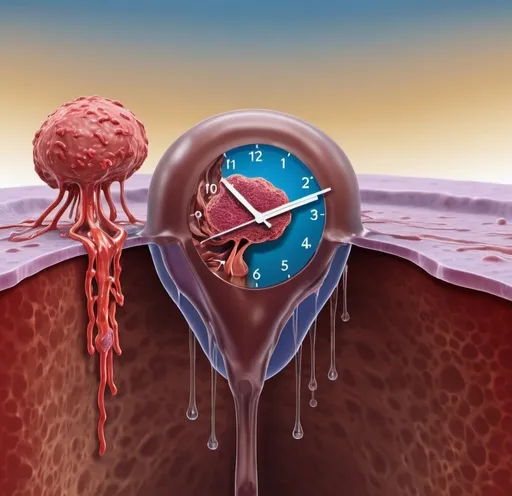 Prompt: melting clock folded over a T cell next to a liver sinusoidal endothelial cell in liver background
 

