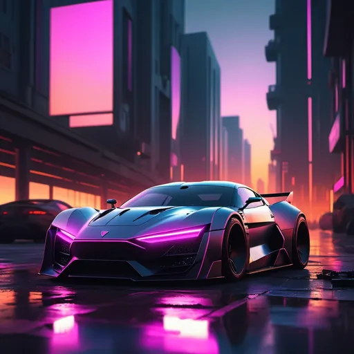 Prompt: a cyberpunk hyper sports car in a night city environment at sunset