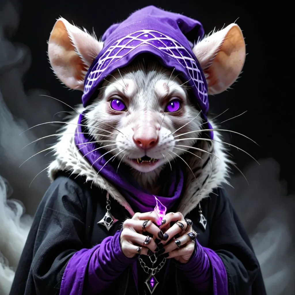 Prompt: realistic image with a diagonal view of a menacing evil anthropomorphic rat in witch's clothing.  She has white fur. She has pointy ears with several piercings. She wears a violet bandana embroidered with a geometrical wolve's head. Her Hands are glowing in mysterious violet . She has glowing dark violet eyes.