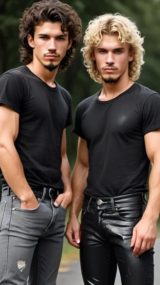 Prompt: covered in filthy dirty shiny oil, two very cute tan skinny guys, one pouring motor oil down the front of the other's jeans, black curly hair, blond curly hair with highlights, black goatee, black stubble, shiny black leather jeans, dirty stained white t shirts