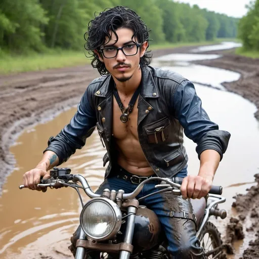 Prompt: wet and muddy cute young very tan skinny guy glasses black goatee, black stubble, curly black hair, in dark black blue shiny oily jeans, steampunk leather corset, and filthy dirty stained t shirt riding a muddy filthy dirt bike through a muddy creek