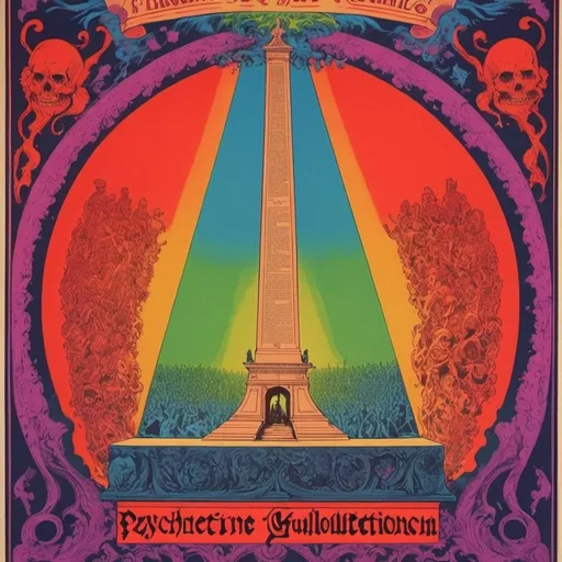 Prompt: psychedelic, French revolution guillotine, melting, concert poster