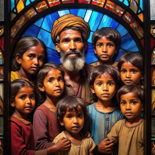 Prompt:  adult women and little children from Nepal surround a dark skinned, scruffy haired, bearded rugged Jewish carpenter
