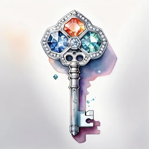 Prompt: Watercolor drawing of a futuristic key, realistic bright white diamonds, high quality, vibrant colors, detailed illustration, futuristic design, watercolor, realistic diamonds, bright and colorful, key, futuristic, highres