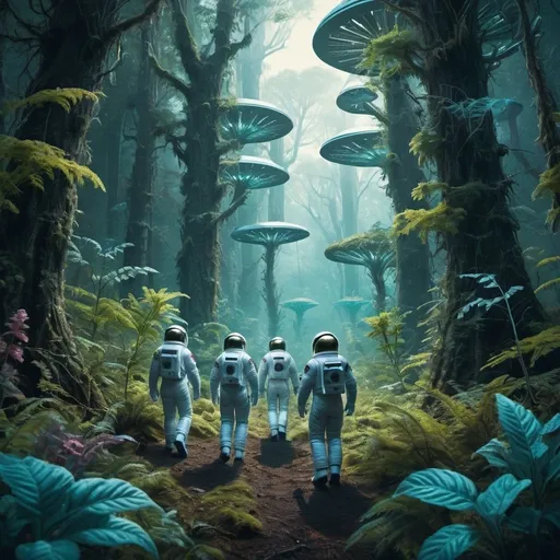 Prompt: Astronauts Exploring the Forest: A scene depicting the astronauts in their space suits walking through a dense, alien forest. The flora could be vibrant and unusual, with bioluminescent plants or strange tree shapes.