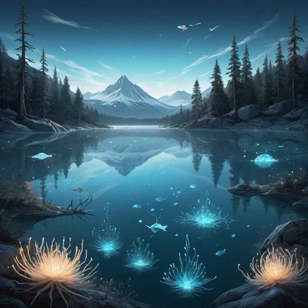 Prompt: Blue Lake and Lumina Creatures: A calm lake with crystal clear blue water. Beneath the surface, glowing and bioluminescent creatures swim beautifully. These creatures may have intricate and ethereal designs with soft and shimmering patterns.
The distant mountains are covered with a little snow.
Some of the trees are pine and others have strange shapes like hybrid trees with mushrooms.
The sky should have a clear and stunning view with a flock of birds flying in the far right corner of the picture.