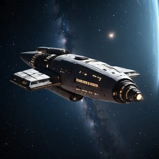 Prompt: Spaceship Odyssey in Space: An image of a sleek, advanced spaceship floating in the vastness of space, with a distant starfield and maybe a hint of the Milky Way galaxy in the background.